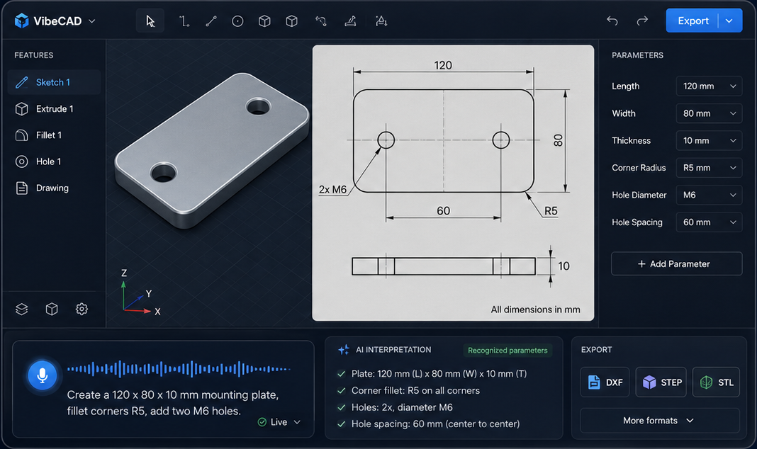 VibeCAD interface showing a mounting plate, technical drawing dimensions, parameters, and export controls.